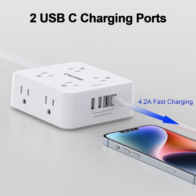 Core 10Ft Surge Protector Power Strip - Flat Plug Extension Cord with 8 Outlets and 4 USB Ports(2 USB C), 3 Side Wall Mount Outlet Extender for Home Dorm Room Essentials, ETL Listed, White - Image 3